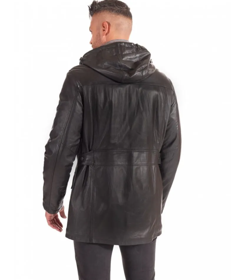 Uomo D'Arienzo Vittorio - Cappotto in pelle nera con cappuccio staccabile
