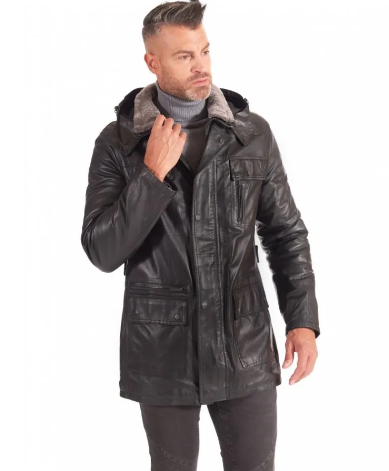 Uomo D'Arienzo Vittorio - Cappotto in pelle nera con cappuccio staccabile