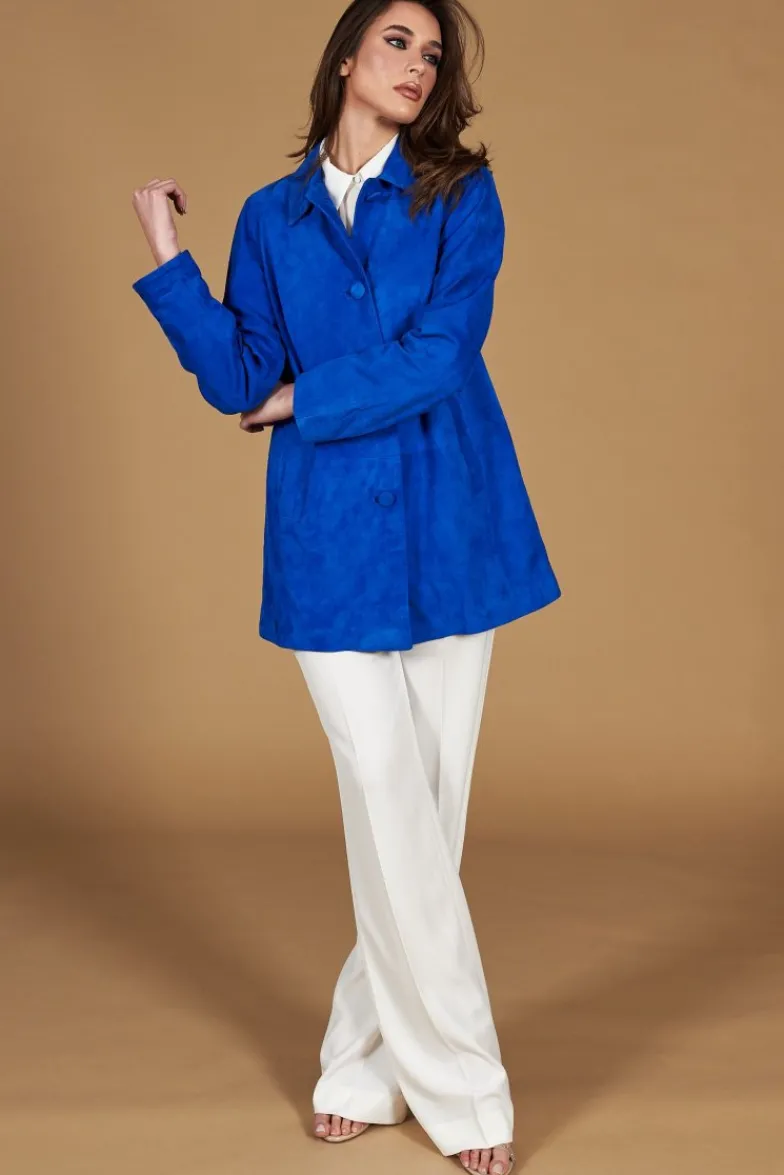 Donna D'Arienzo Wag - Giacca in pelle camoscio bluette monopetto versione oversize