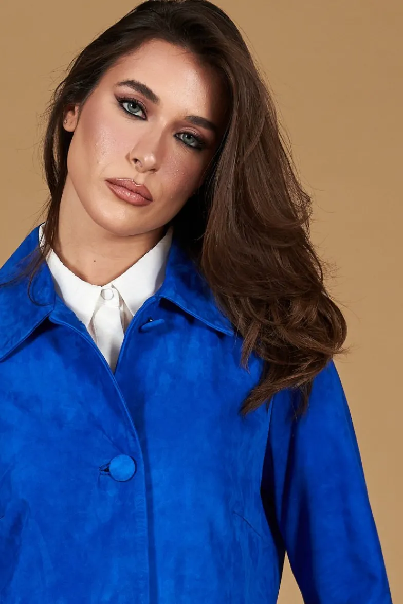 Donna D'Arienzo Wag - Giacca in pelle camoscio bluette monopetto versione oversize