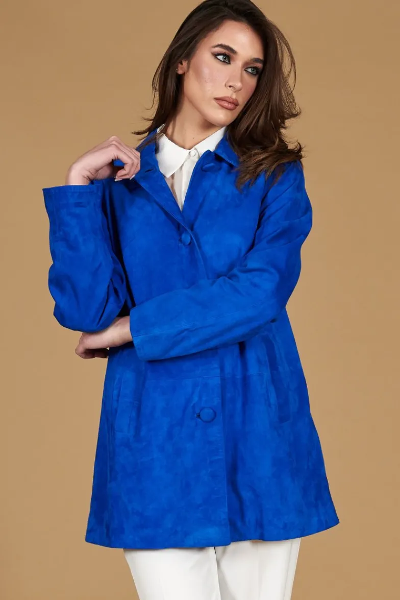 Donna D'Arienzo Wag - Giacca in pelle camoscio bluette monopetto versione oversize