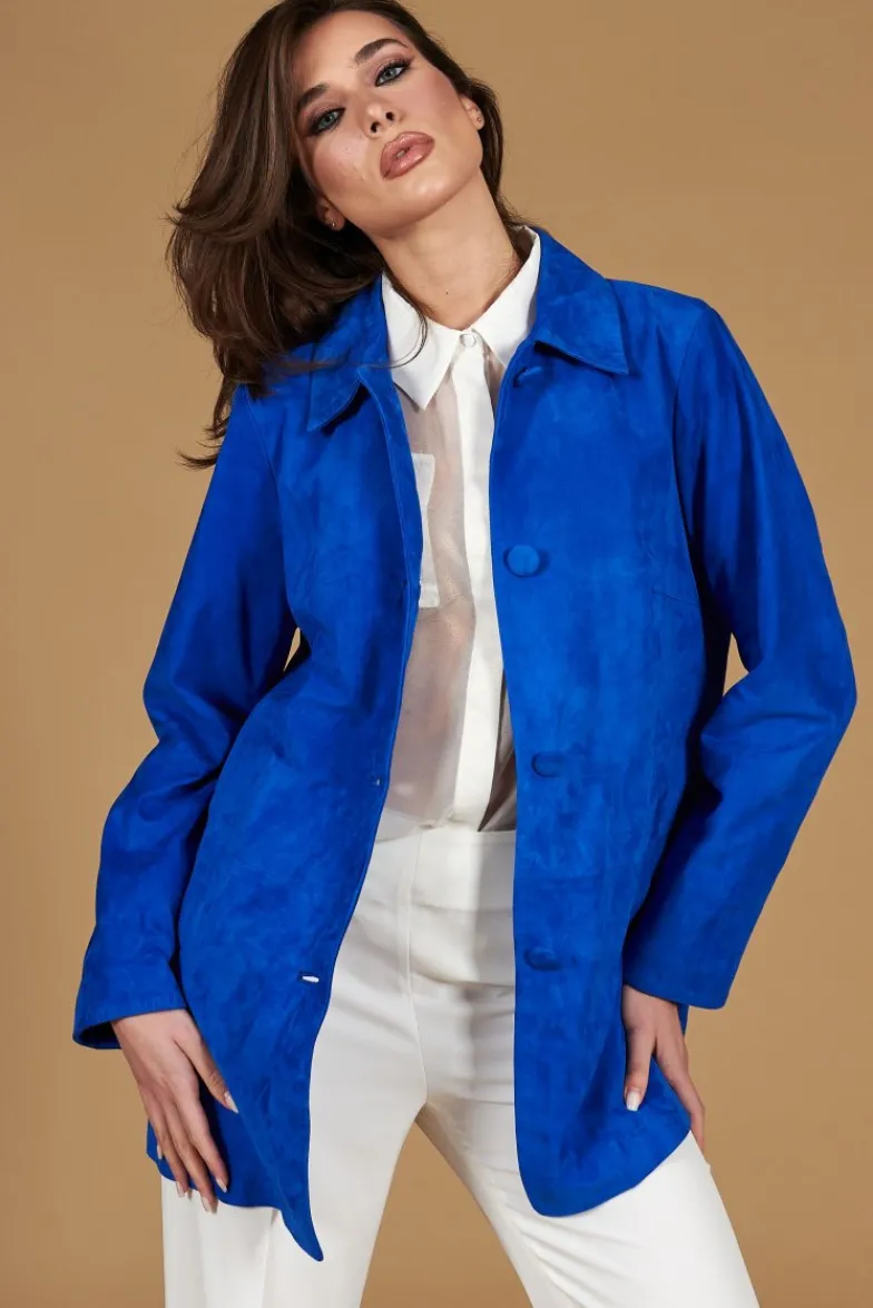 Donna D'Arienzo Wag - Giacca in pelle camoscio bluette monopetto versione oversize
