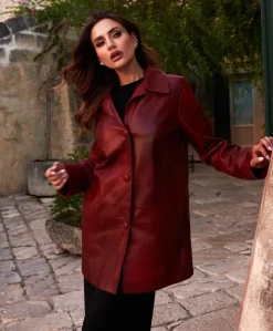 Donna D'Arienzo Wag - Giacca in pelle rosso nuvolato monopetto chiusura bottoni