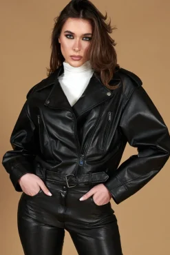 Donna D'Arienzo Xenia - Chiodo oversize corto in pelle nera con cintura