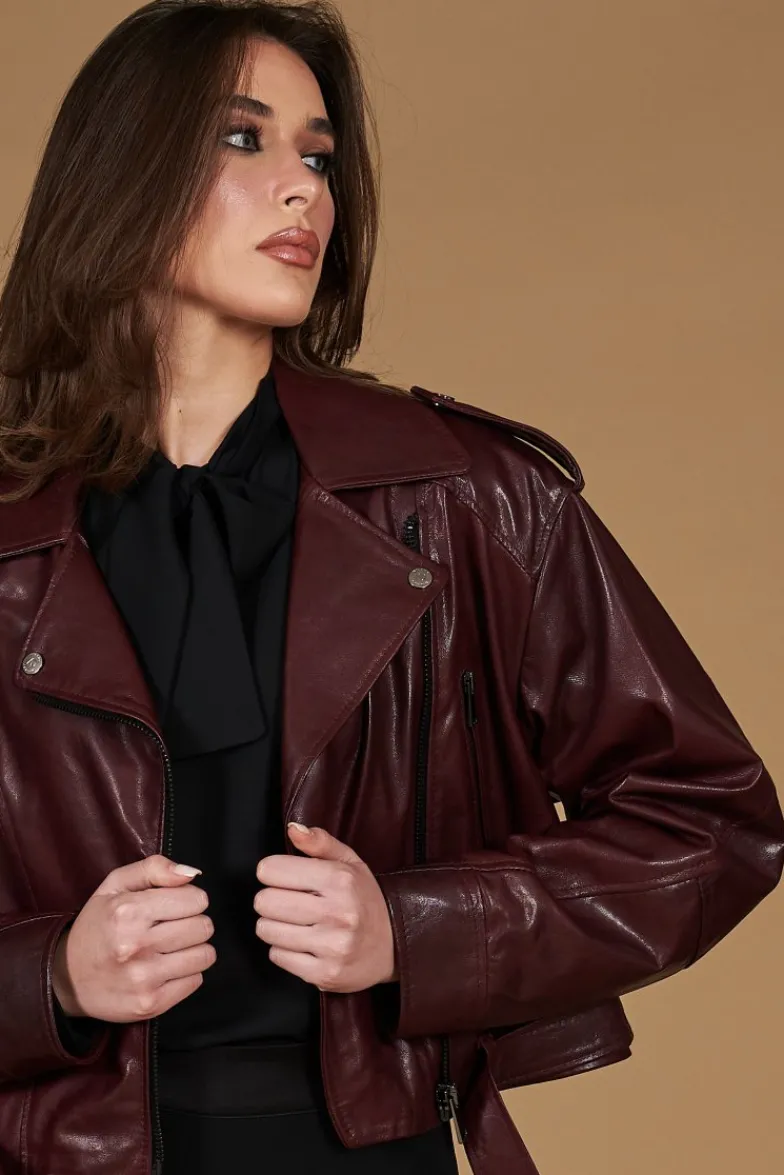 Donna D'Arienzo Xenia - Chiodo oversize in pelle vinaccio versione corta