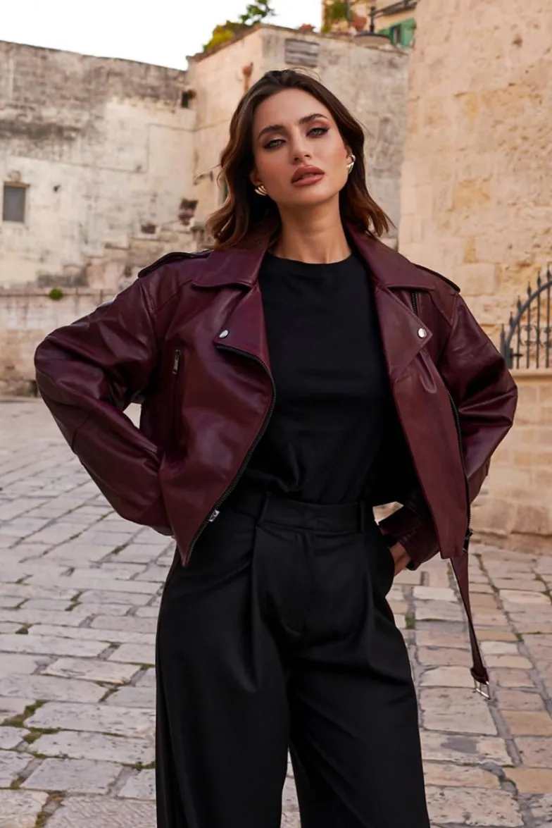 Donna D'Arienzo Xenia - Chiodo oversize in pelle vinaccio versione corta