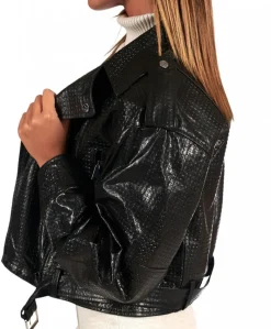 Donna D'Arienzo Xenia - Chiodo oversize in pelle nera goffrata versione corta