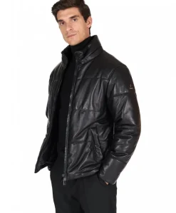 Uomo D'Arienzo Zirconia - Piumino in pelle nera uomo versione corta oversize