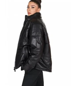 Donna D'Arienzo Zirconia - Piumino in pelle nera donna versione corta oversize