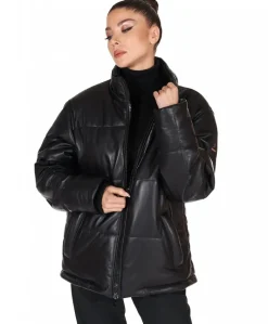 Donna D'Arienzo Zirconia - Piumino in pelle nera donna versione corta oversize